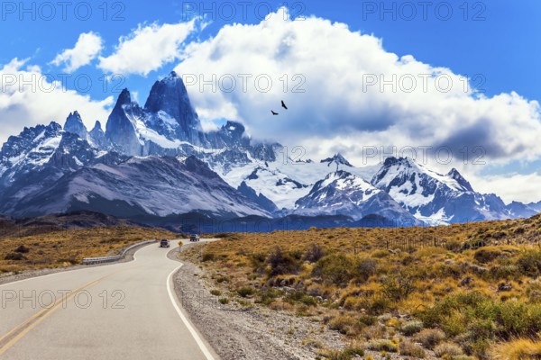 Argentine Patagonia. Summer day in February. Fine highway to the majestic Mount Fitz Roy. The concept of active and extreme tourism. The huge black Andean condors hover over the prairie