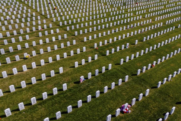 Oct 28, 2023, Salisbury, NC: Aerial view of a military cemetery with rows of military head stones at Salisbury National Cemetery
