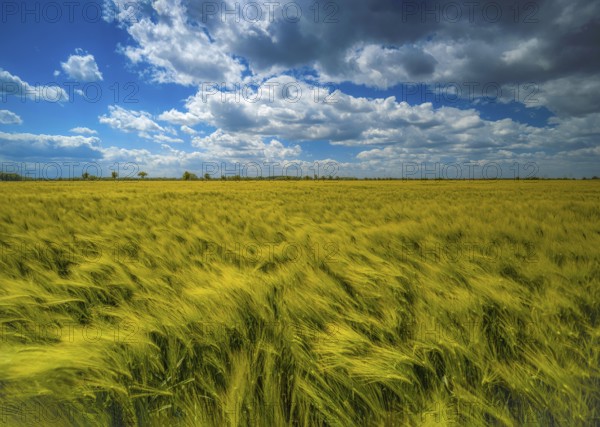Grain field, barley field, field with barley, blue sky with cumulus clouds, Braunschweig, Lower Saxony, Germany, Europe
