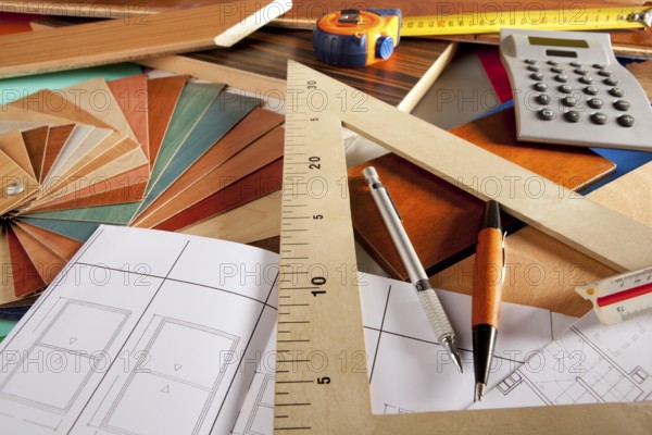 Architect interior designer or carpenter workplace with desk design tools