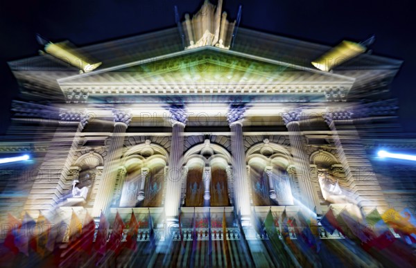 Beautiful Bundeshaus Illuminated Parliament Building or Federal Palace with Canton Flags at Night in City of Bern, Bern Canton, Switzerland, Europe
