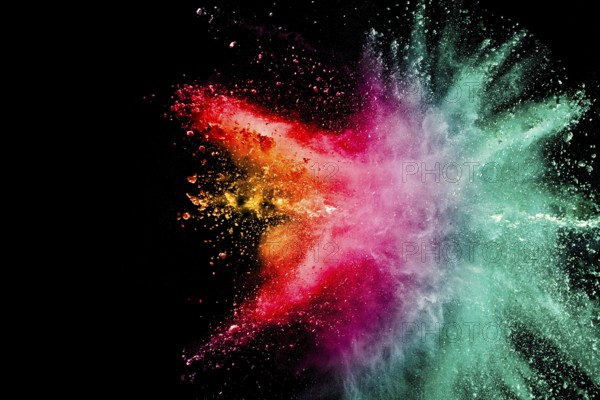 Abstract multicolored powder explosion on black background. Color dust particle splattered on background