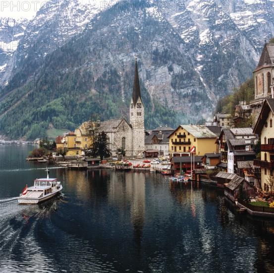 Church and harbor in Hallstatt, Austria, Europe