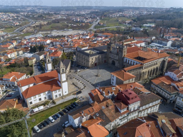 Aerial top view of old historic town Viseu with church and Cathedral, Portugal, Europe