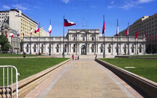 The Presidential Palace in Santiago Chile. Also called La Moneda. This is the palace for the President of the Republic of Chile, but also contains the seats and offices for the Minister of the Interior, General Secretariat of the Presidency and General Secretariat of the Government.