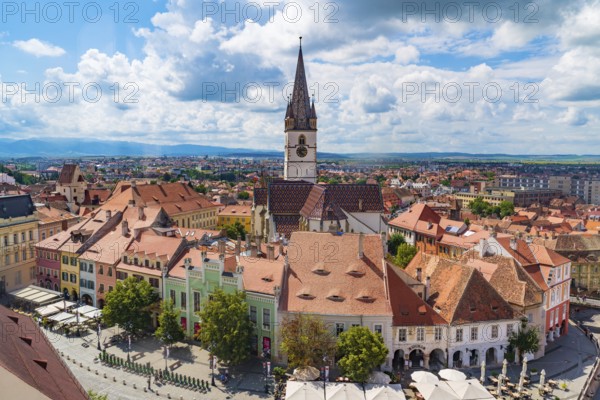 Small Square and Lutheran Cathedral in Sibiu, Transylvania, Romania, Europe