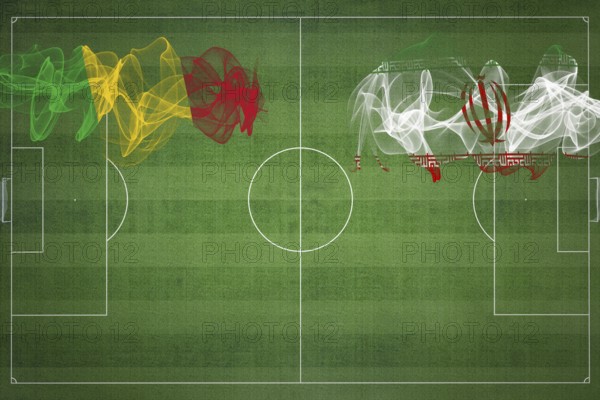 Mali vs Iran Soccer Match, national colors, national flags, soccer field, football game, Competition concept, Copy space