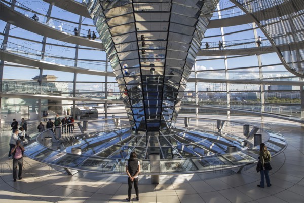 Interior view of the Reichstag dome on the roof of the Reichstag building (seat of the German Bundestag) in Berlin. A construction made of steel and glass