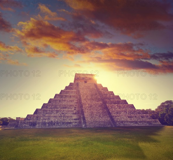 Chichen Itza Pyramid sunrise El Templo Kukulcan temple in Mexico Yucatan