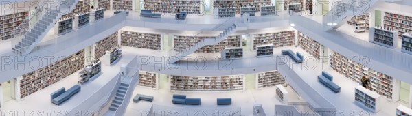 Panoramic photo of the cube-shaped interior of the city library on Mailänder Platz by architect Prof. Eun Young Yi, Stuttgart, Baden-Württemberg, Germany, Europe