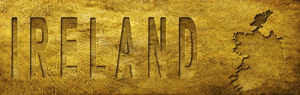 Ireland Map and Text on Grunge Gold Texture