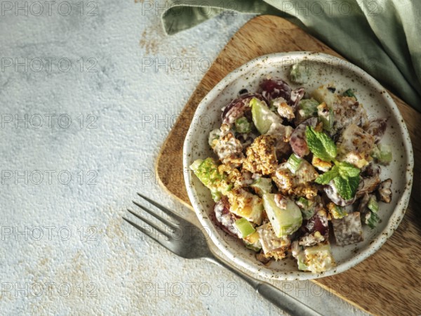 Waldorf salad with copy space. American fruit and nut salad with apples, celery, grapes, chicken meat, dressed mayonnaise. Craft plate with ready-to-eat waldorf salad on gray background. Top view