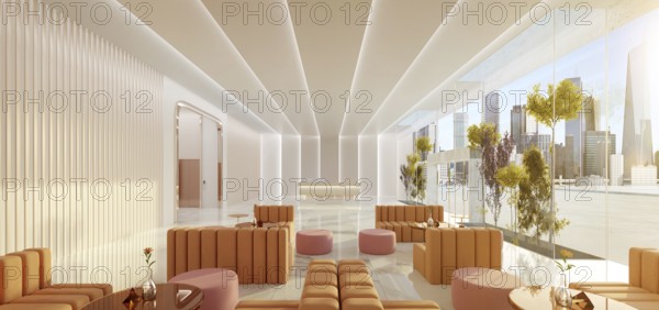 Interior of modern entrance hall in modern office building with reception counter and waiting area lobby. 3d rendering mock up