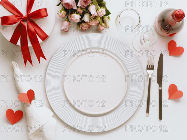 Valentines Day tablesettings concept on white background. Empty white plates, gold cutlery, rose wine bottle, glasses, flowers bouqet, gift box. Copy space. Topview flatlay