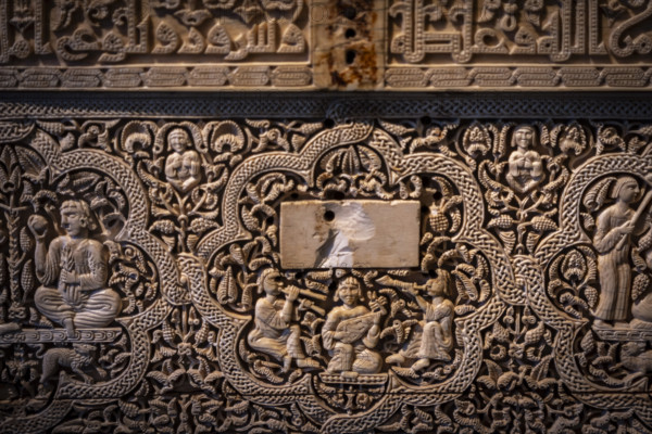 Spanish-Arab chest of the Leire monastery, 1004 after Christ. manufactured in the Madinat Al-Zahira workshop, Museum of Navarra, Pamplona, Navarra, Spain, Europe