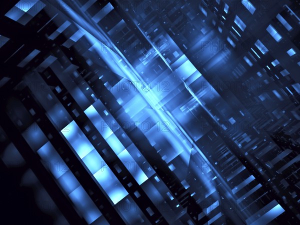 Abstract tech or sci fi background - computer-generated 3d illustration. Fractal art: diagonal inclined unusual construction, data center or corridor. For web design proojects, posters and banners
