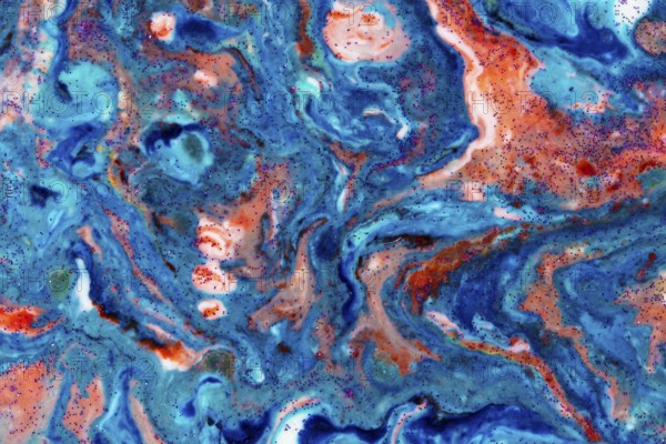 The background is acrylic blue with red lines and sparkles. Colourful marble texture. Liquid, fluid marble. Art picture. Avant-garde creativity