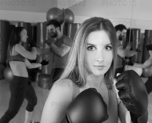 Boxing aerobox blond woman portrait in fitness gym training workout