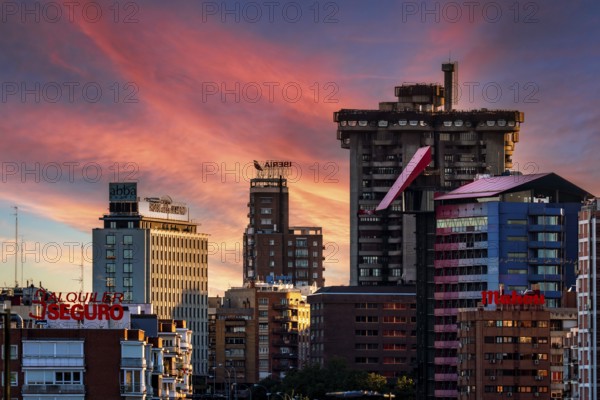 Madrid, Spain, May 22, 2024: Telephoto lens view of Avenue of America area art sunset, Europe