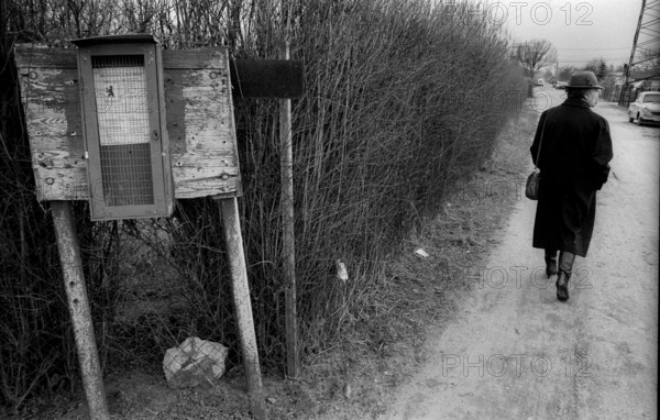 Germany, Berlin, 23 March 1992, allotment garden site on Nalepastrasse, information board, notice, Berlin bear, coat of arms, Europe