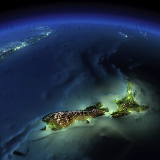 Highly detailed Earth, illuminated by moonlight. The glow of cities sheds light on the detailed exaggerated terrain and translucent water of the oceans. Elements of this image furnished by NASA