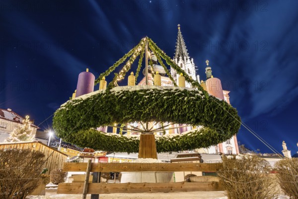 World's largest hanging Advent wreath, behind the basilica, main square of Mariazell, blue hour in the early morning, Mariazell, Styria, Austria, Europe