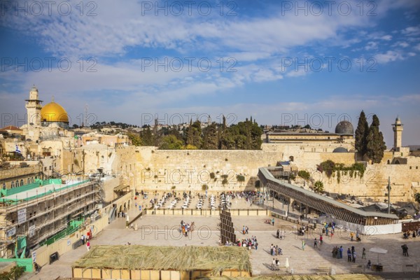 Autumn holiday Sukkot. The greatest shrine of Judaism. The Western Wall of the Temple is preparing for evening prayer