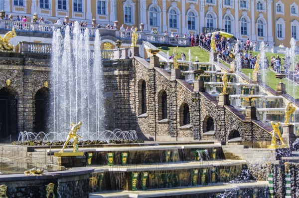 View on Great Cascade Fountain in Peterhof, Saint-Petersburg, Russia, Europe