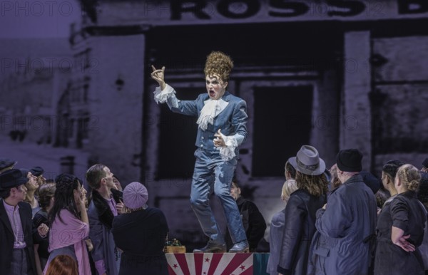 BERLIN, Germany - November 2024: Sweeney Todd (The Demon Barber of Fleet Street) - A musical thriller (1979) in a co-production with the Opéra national du Rhin with music by Stephen Sondheim in a production by Barrie Kosky based on the play of the same name by Christopher Bond. Sweeney Todd, an innocent barber, is falsely arrested and loses his woman and daughter. After years of imprisonment, he returns to London to take revenge on those responsible. Together with the baker Mrs Lovett, he murders his customers and turns their meat into pies, which she sells in her shop. Their murderous partnership unleashes a bloody vicious circle that ultimately leads to tragic consequences for everyone involved. Media rehearsal on 13.11.2024 at the Komische Oper in Berlin Performers: Sweeney Todd: Christopher Purves Mrs Nellie Lovett: Dagmar Manzel Anthony Hope: Hubert Zapiór Johanna Barker: Alma Sadé Tobias Ragg: Tom Schimon Richter Turpin: Jen