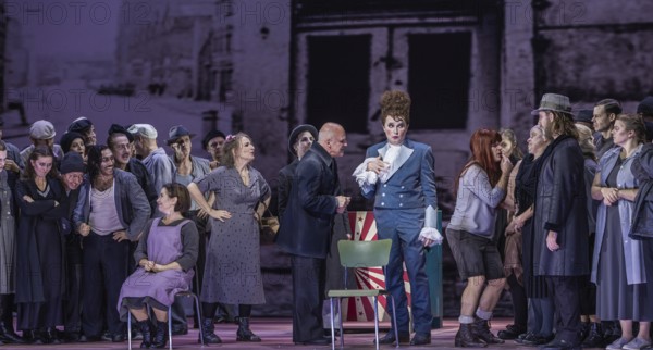 BERLIN, Germany - November 2024: Sweeney Todd (The Demon Barber of Fleet Street) - A musical thriller (1979) in a co-production with the Opéra national du Rhin with music by Stephen Sondheim in a production by Barrie Kosky based on the play of the same name by Christopher Bond. Sweeney Todd, an innocent barber, is falsely arrested and loses his woman and daughter. After years of imprisonment, he returns to London to take revenge on those responsible. Together with the baker Mrs Lovett, he murders his customers and turns their meat into pies, which she sells in her shop. Their murderous partnership unleashes a bloody vicious circle that ultimately leads to tragic consequences for everyone involved. Media rehearsal on 13.11.2024 at the Komische Oper in Berlin Performers: Sweeney Todd: Christopher Purves Mrs Nellie Lovett: Dagmar Manzel Anthony Hope: Hubert Zapiór Johanna Barker: Alma Sadé Tobias Ragg: Tom Schimon Richter Turpin: Jen