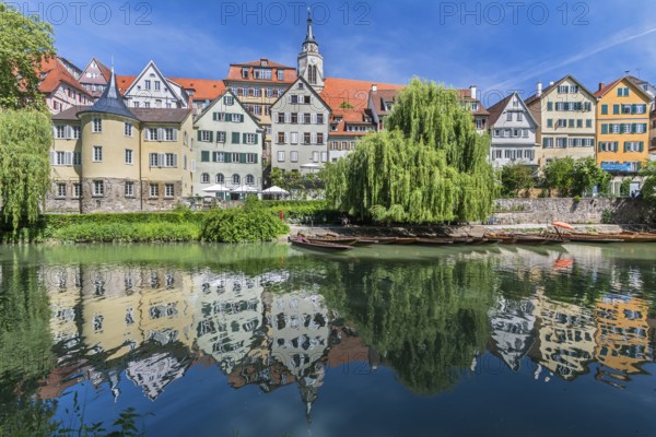 View of the historic old town of Tübingen, Germany with scenic reflection of the houses in the water