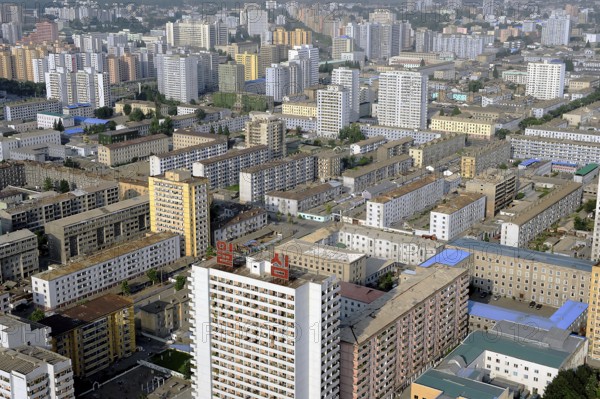 08.08.2012, Pyongyang, North Korea, Asia, A view of the centre of Pyongyang from the Juche Tower. The architecture of North Korean buildings is simple and usually very monotonous. The majority of buildings are multi-storey residential tower blocks and office blocks, Asia