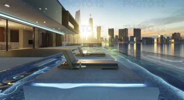 Luxury villa exterior design with beautiful sunset cityscape at the infinity pool. 3d rendering