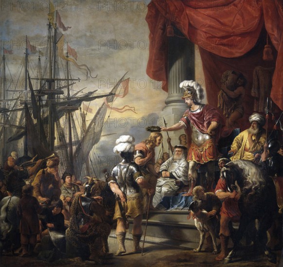 In Greco-Roman mythology, Aeneas was a prince of Troy, the son of Anchises and the goddess Aphrodite, and the legendary founder of Rome. His voyages and heroism are recounted in Homer's ‘The Iliad' and Virgil's ‘Aeneid'.<br/><br/> In the ‘Aeneid', the Trojan prince boosts his crew's morale on the long voyage from Troy (modern-day Turkey) to Rome. He organizes ship races. Here he rewards the winner of a race with a magnificent suite of armour. Aeneas' fleet is anchored in the distance.<br/><br/> This oil on canvas was painted by Ferdinand Bol in c.1661-3
