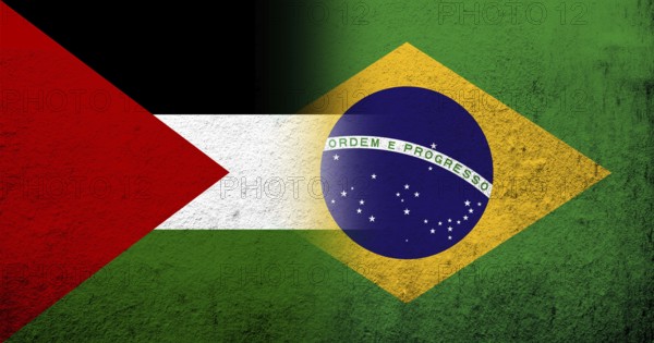 Flag of Palestine and National flag of Brazil. Grunge background