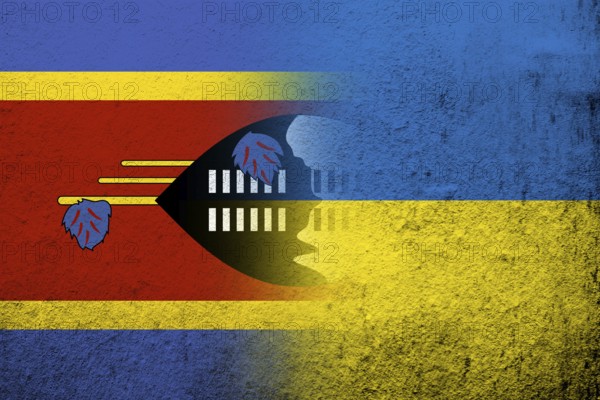 The Kingdom of Eswatini Swaziland National flag with National flag of Ukraine. Grunge background