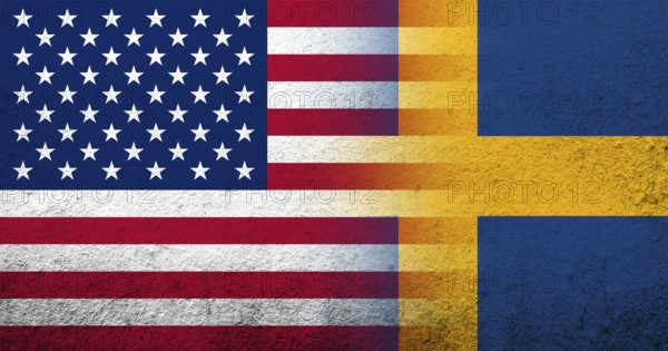 United States of America (USA) national flag with Sweden national flag. Grunge background
