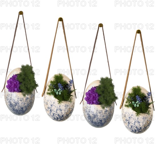 Four hanging planters with speckled design filled with flowers showcasing artistic decor