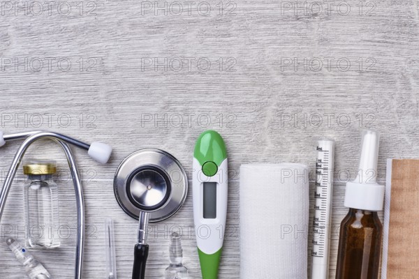 Medical instruments on wooden background. Opening of a pharmacy