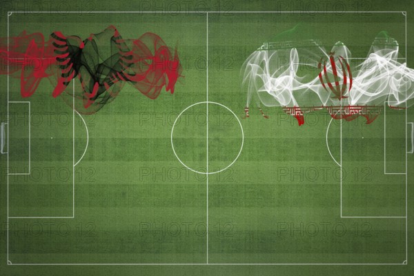 Albania vs Iran Soccer Match, national colors, national flags, soccer field, football game, Competition concept, Copy space
