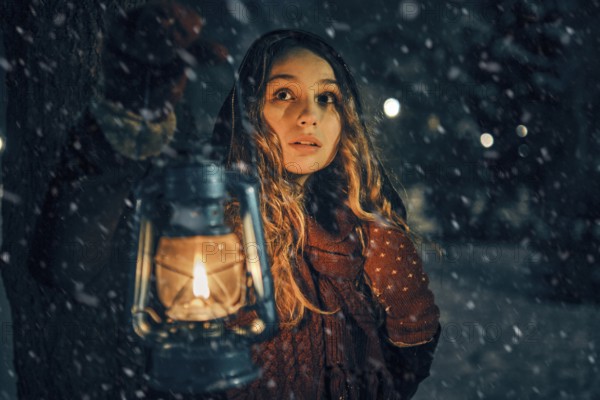 Young girl with lantern in winter forest fairy tale, book cover, christmas time