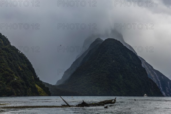 The most picturesque country on earth is New Zealand. South Island of New Zealand. Fjord Milford Sound on a stormy cloudy day. Concept of active and ecological tourism