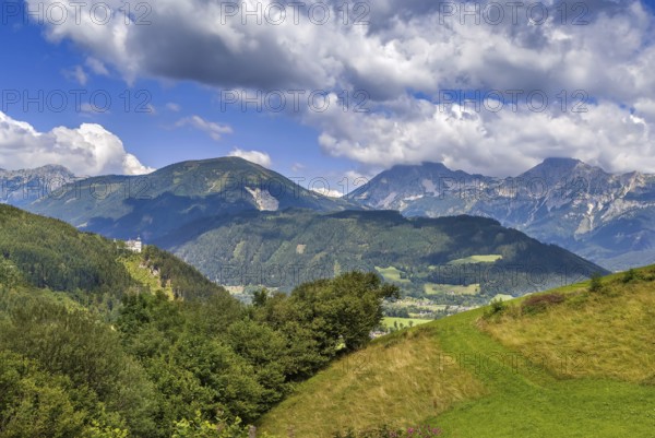 Landscape of Alps mountains with Rothelstein castle, Styria, Austria, Europe