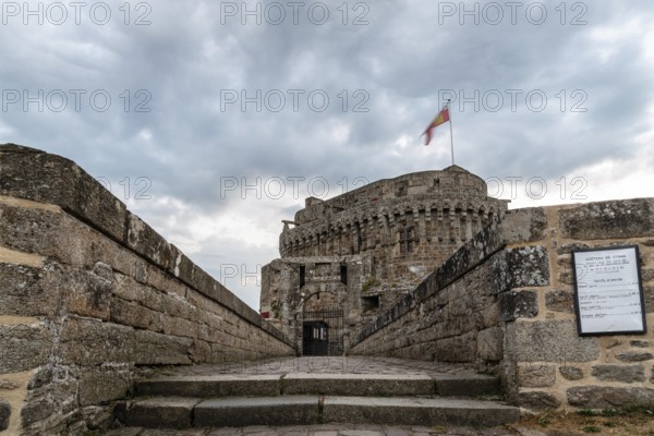 Dinan, France, July 26, 2018: Low angle view of the entrance to the castle at sunset, French Brittany, Europe
