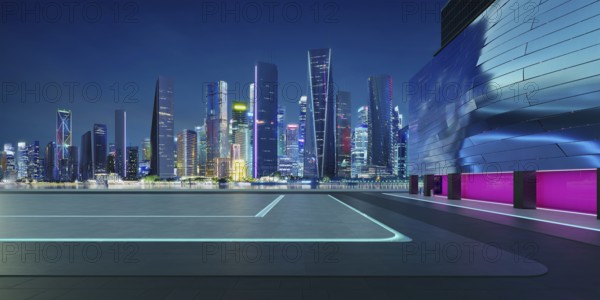 Perspective view of empty floor with modern building and beautiful nigh city background. 3d rendering