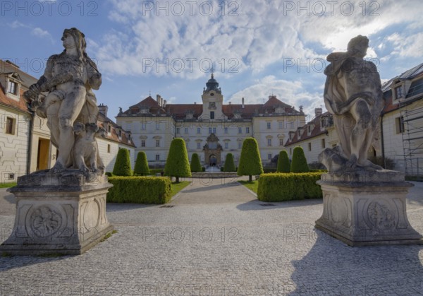 Entrance of the beautiful baroque castle in Valtice, South Moravia, famous travel wine destination in Czech Republic