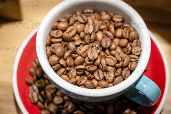 Cup with coffee beans, Mercat de l Olivar, Palma, Mallorca, Balearic Islands, Spain, Europe