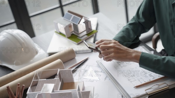 Architecture Man use smart phone for architectural Creative project business architecture ecosystem building construction Industrial engineering Design