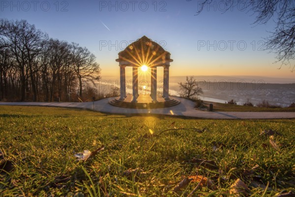 Beautiful temple in a landscape shot. Sunrise on a winter morning. Beautiful view along the Rhine at the Niederwaldtempel, Niederwalddenkmal, Hesse, Germany, Europe