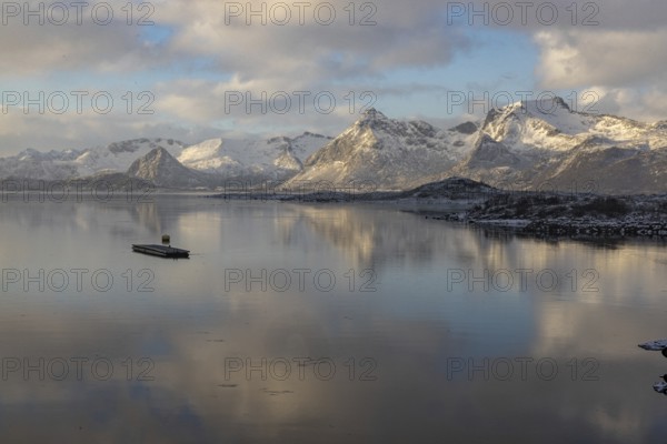 Lofoten wall reflection at the E10 near Kleppstad, Lofoten, Nordland, Norway, Europe
